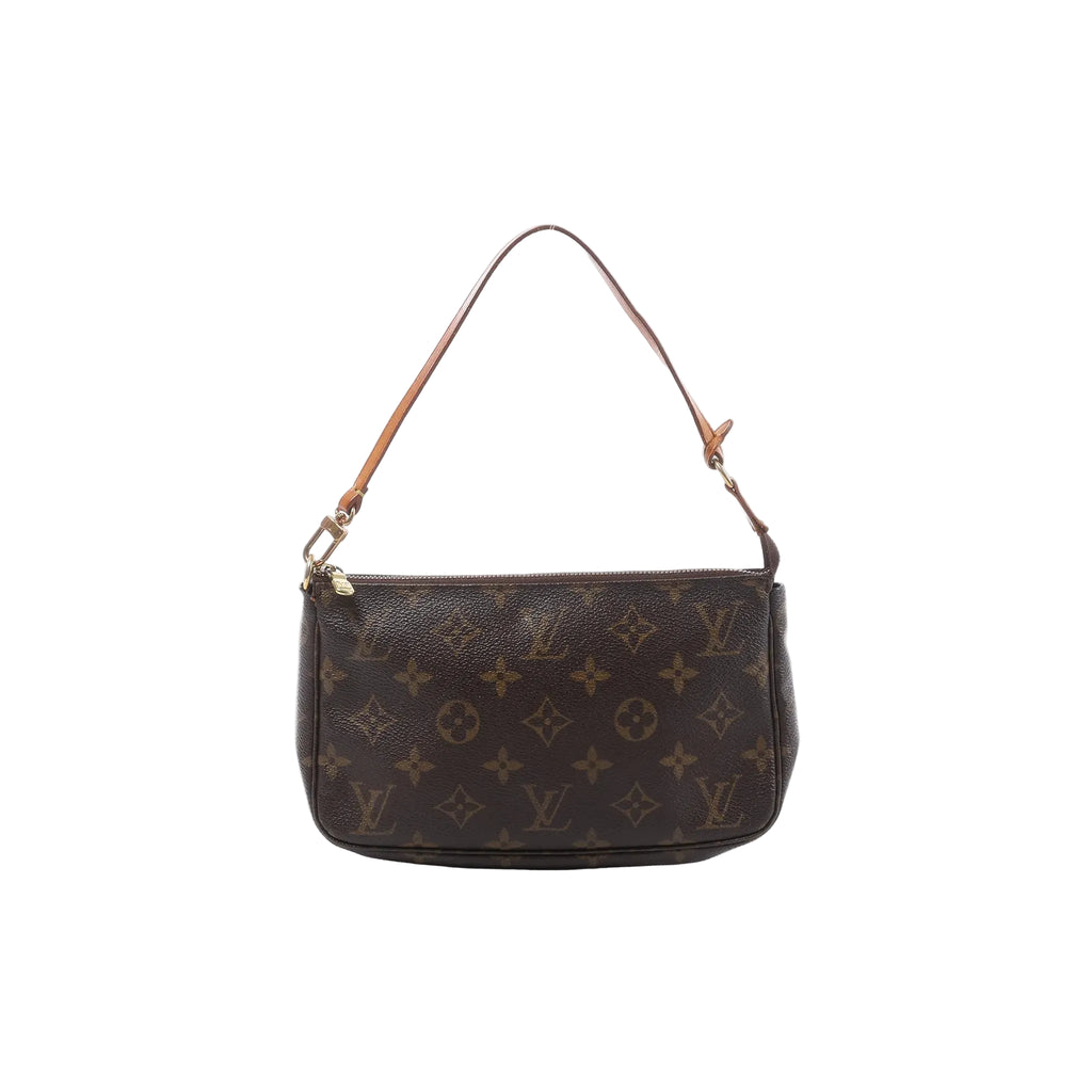 Louis Vuitton Pochette Accessoires in brown Monogram canvas with a slim tan leather strap, gold-tone hardware and top zip closure.