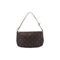 Louis Vuitton Pochette Accessoires in brown Monogram canvas with a slim tan leather strap, gold-tone hardware and top zip closure.