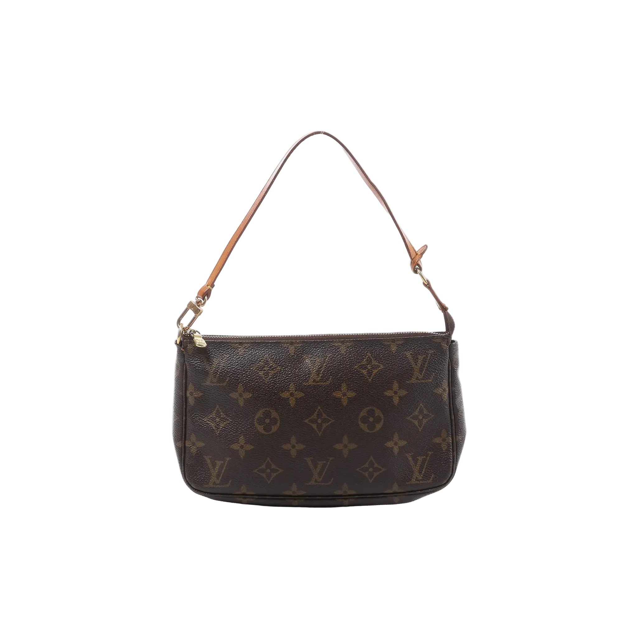 Louis Vuitton Pochette Accessoires in brown Monogram canvas with a slim tan leather strap, gold-tone hardware and top zip closure.