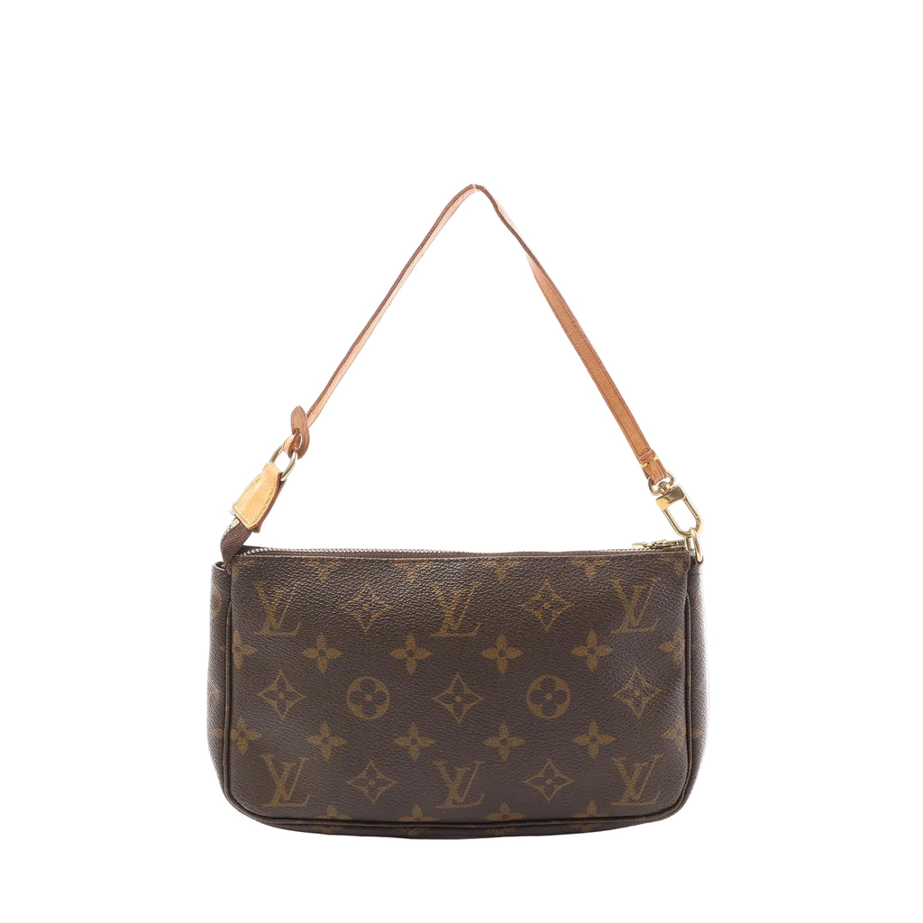 Louis Vuitton Pochette Accessoires in brown Monogram canvas with vachetta leather shoulder strap and gold-tone top zip closure, shown front view.