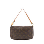 Louis Vuitton Pochette Accessoires in brown Monogram canvas with vachetta leather shoulder strap and gold-tone top zip closure, shown front view.