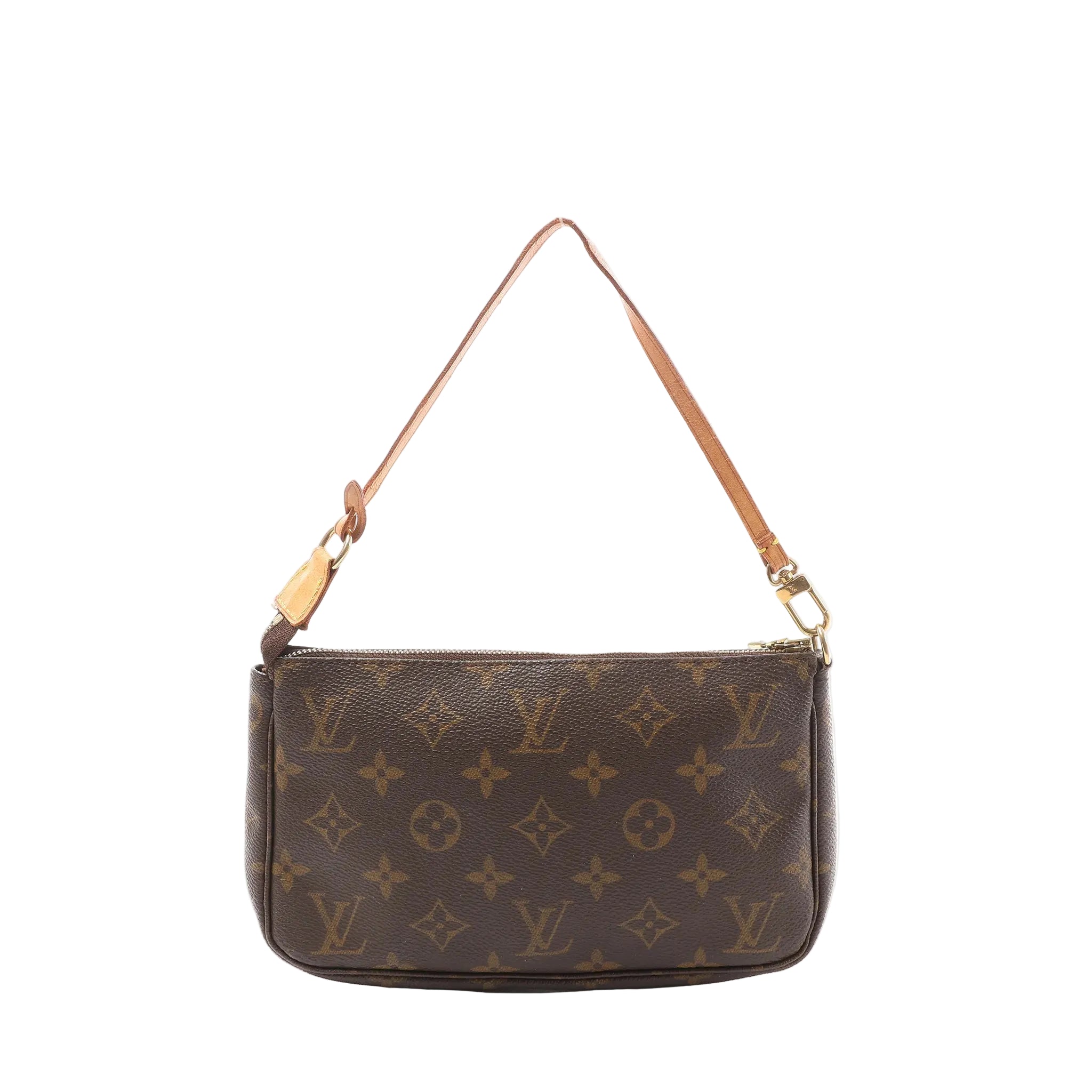Louis Vuitton Pochette Accessoires in brown Monogram canvas with vachetta leather shoulder strap and gold-tone top zip closure, shown front view.