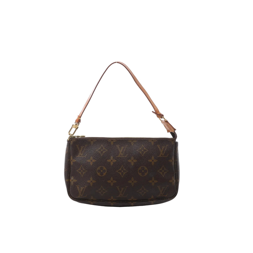 Louis Vuitton Pochette Accessoires in brown Monogram canvas with a slim tan leather strap, gold-tone hardware and top zip closure.
