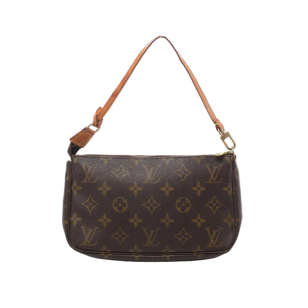 Brown Louis Vuitton Pochette Accessoire Monogram canvas bag with tan leather shoulder strap, top zip closure and gold-tone hardware.