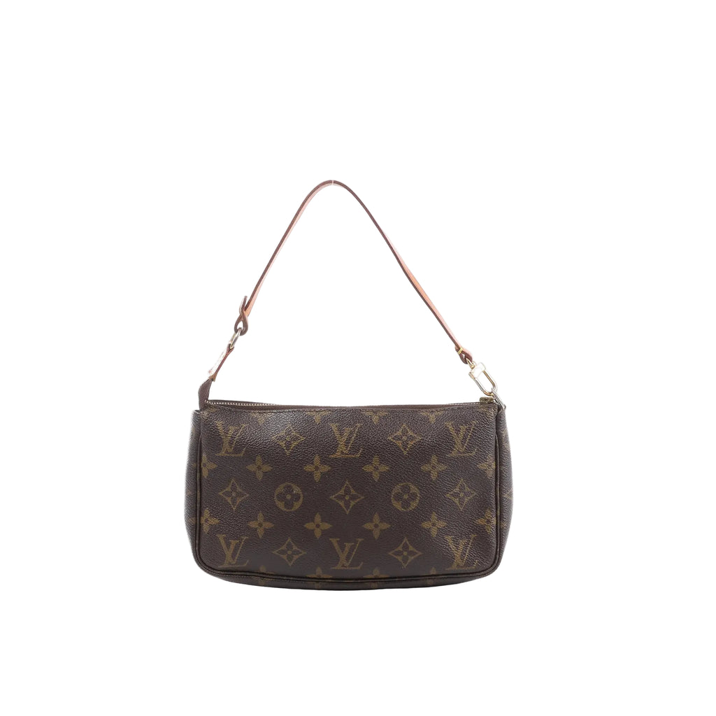 Louis Vuitton Pochette Accessoires in brown Monogram canvas with a slim tan leather strap, gold-tone hardware and top zip closure.