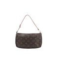 Louis Vuitton Pochette Accessoires in brown Monogram canvas with a slim tan leather strap, gold-tone hardware and top zip closure.