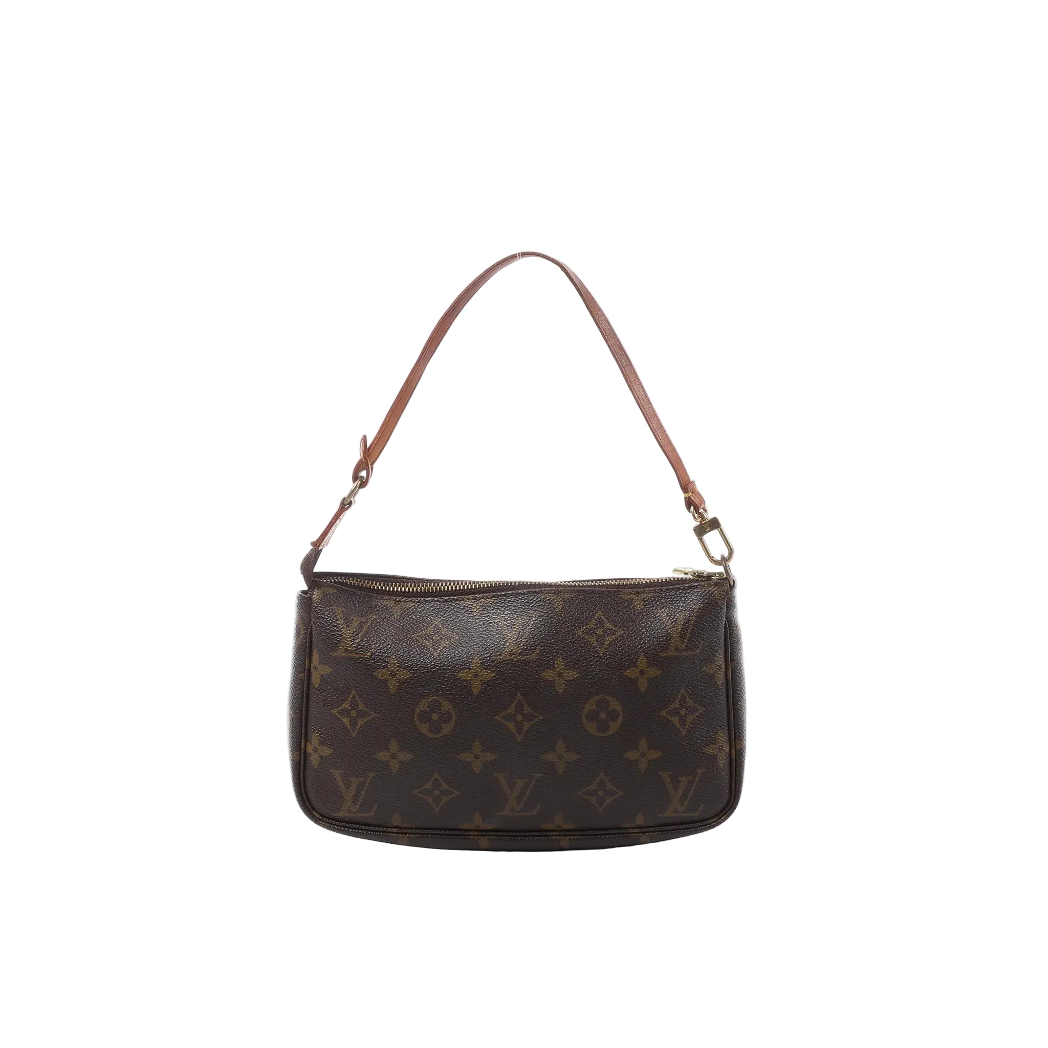 Louis Vuitton Pochette Accessoires handbag in brown Monogram canvas with a slim tan leather strap, gold-tone hardware and top zip closure.