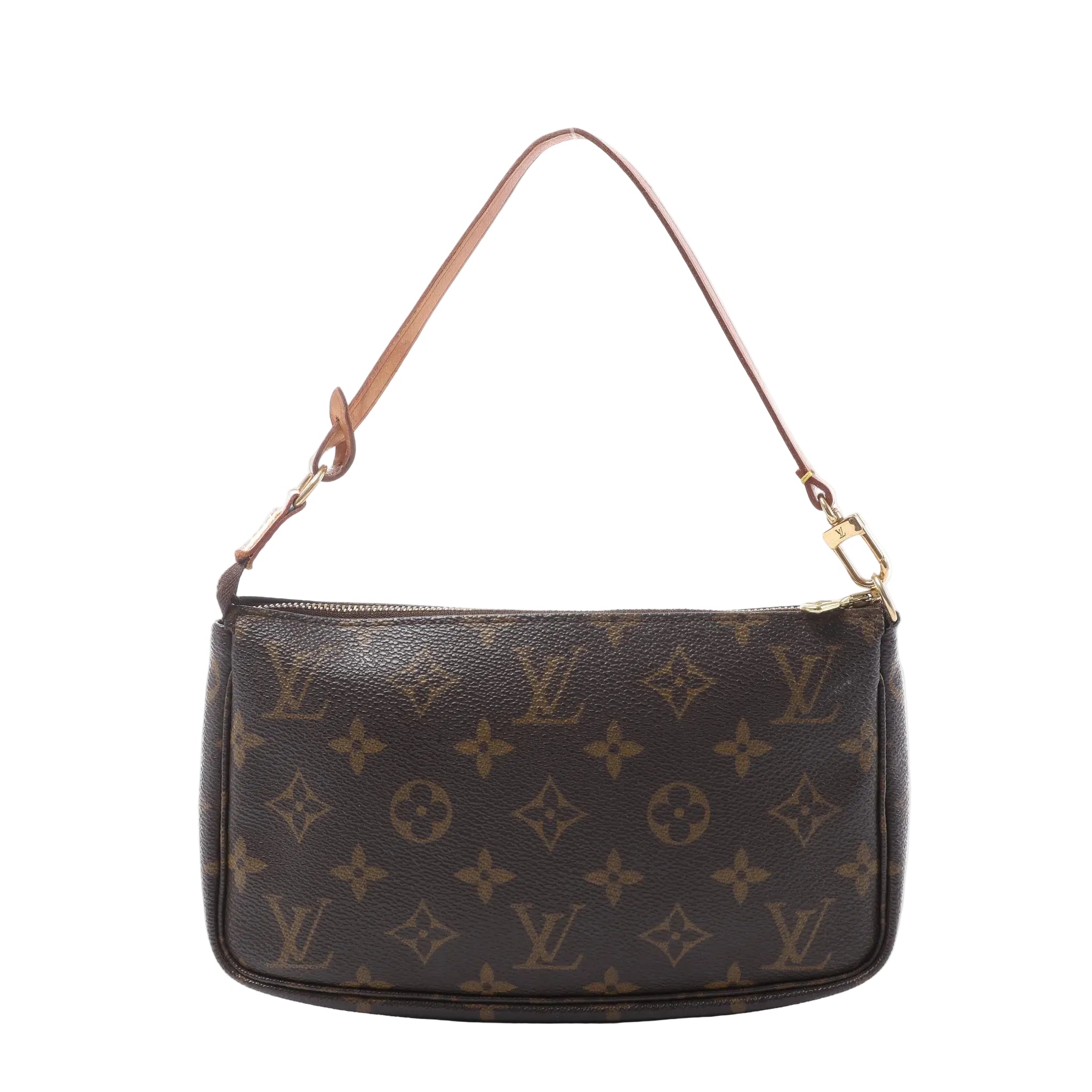 Louis Vuitton Pochette Accessoires in brown Monogram canvas with a slim tan leather strap, gold-tone hardware and top zip closure.