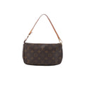 Louis Vuitton Monogram canvas Pochette Accessoires with zip-top closure and vachetta leather shoulder strap on white background.