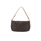 Louis Vuitton Monogram canvas Pochette Accessoires with zip-top closure and vachetta leather shoulder strap on white background.