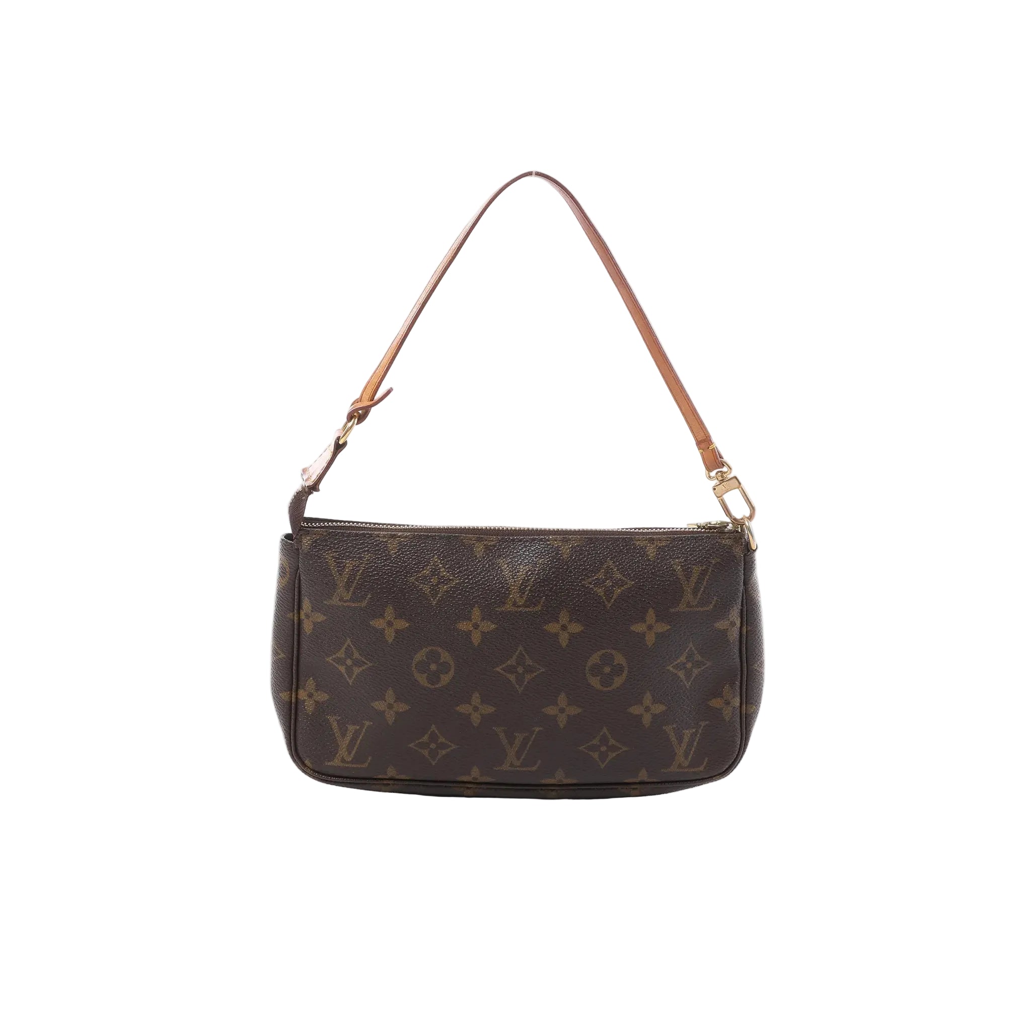 Louis Vuitton Monogram canvas Pochette Accessoires with zip-top closure and vachetta leather shoulder strap on white background.