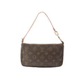 Louis Vuitton Pochette Accessoires bag in brown Monogram canvas with vachetta leather shoulder strap and gold-tone top zip closure, shown front view.