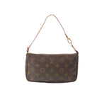 Louis Vuitton Pochette Accessoires bag in brown Monogram canvas with vachetta leather shoulder strap and gold-tone top zip closure, shown front view.