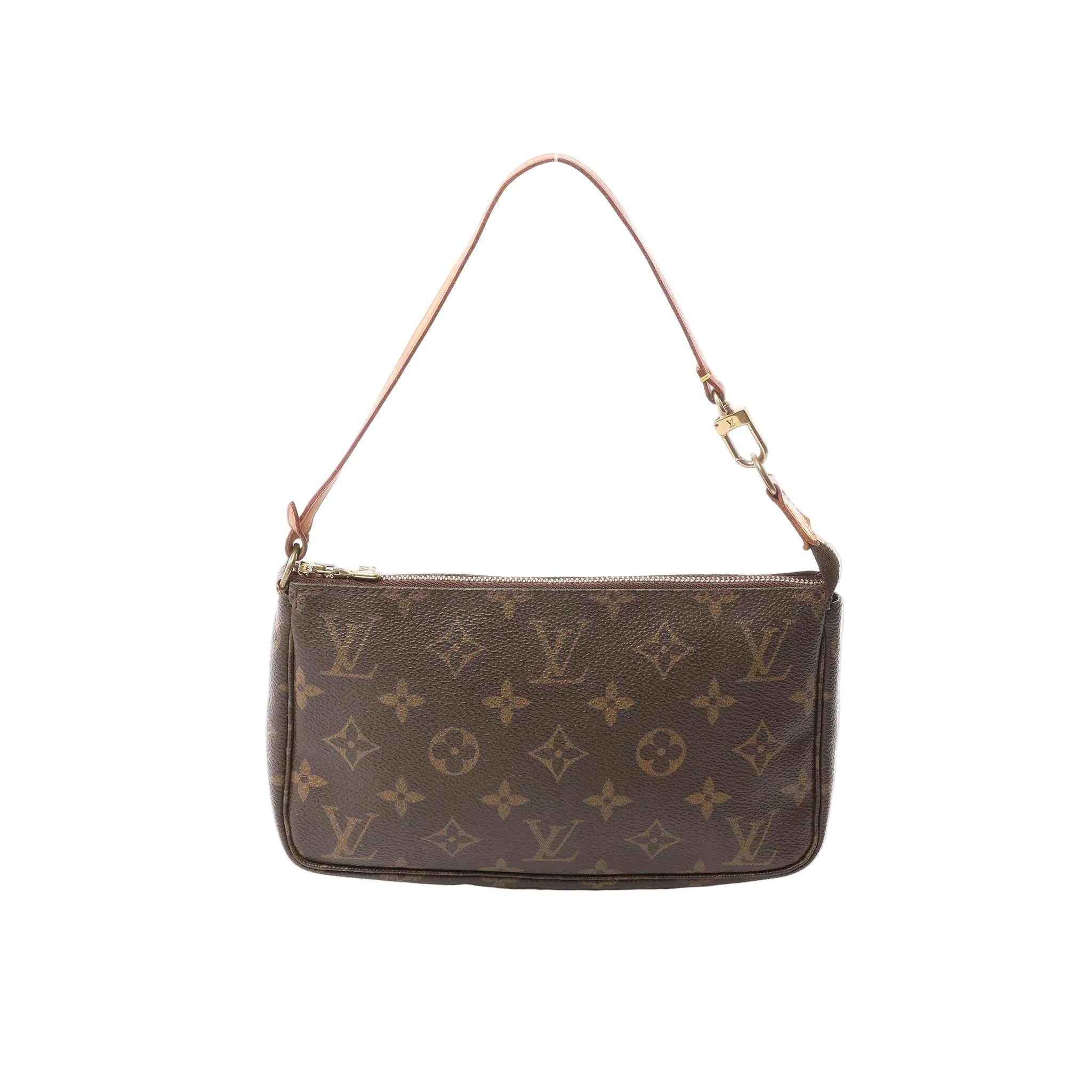 Louis Vuitton Pochette Accessoires bag in brown Monogram canvas with vachetta leather shoulder strap and gold-tone top zip closure, shown front view.