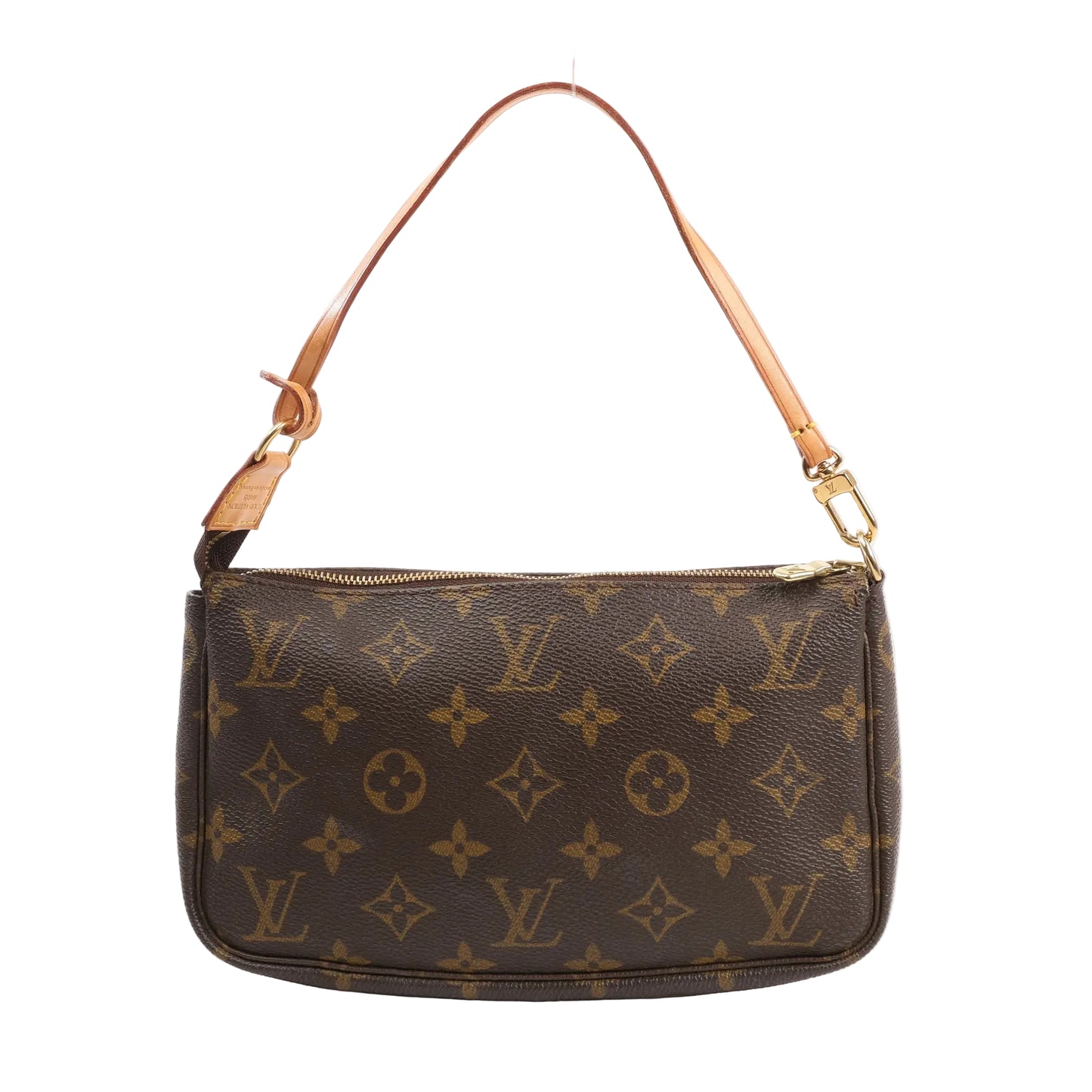 Front view of the Louis Vuitton Pochette Accessoires handbag M51980 in brown Monogram canvas, featuring a natural leather shoulder strap, gold-tone zipper, and iconic LV pattern.