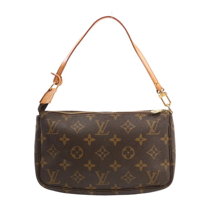 Front view of the Louis Vuitton Pochette Accessoires handbag M51980 in brown Monogram canvas, featuring a natural leather shoulder strap, gold-tone zipper, and iconic LV pattern.