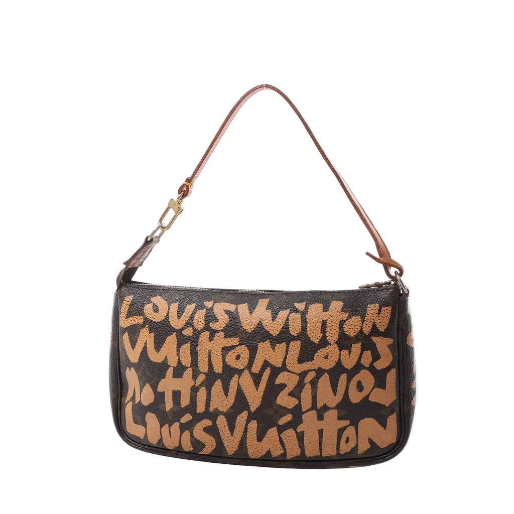 Louis Vuitton Pochette Accessoires handbag in brown Monogram canvas with tan Graffiti print, leather shoulder strap, gold-tone hardware and zip-top closure, displayed against a white background.