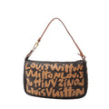 Louis Vuitton Pochette Accessoires handbag in brown Monogram canvas with tan Graffiti print, leather shoulder strap, gold-tone hardware and zip-top closure, displayed against a white background.