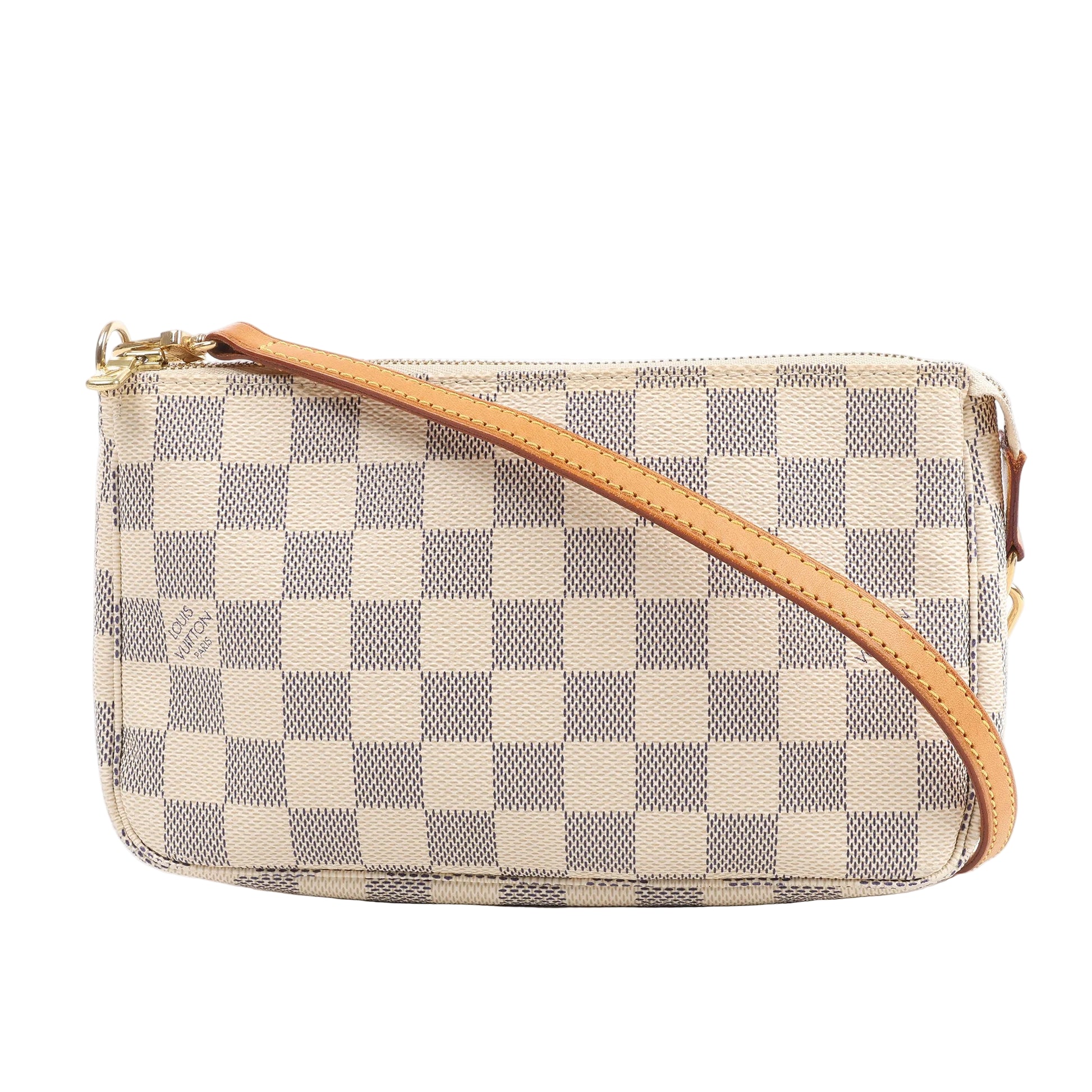 Louis Vuitton Damier Azur Pochette Accessoire Shoulder Bag N51986 with cream and blue checkered canvas, natural leather trim, and a tan leather strap from a different model, displayed against a white background.