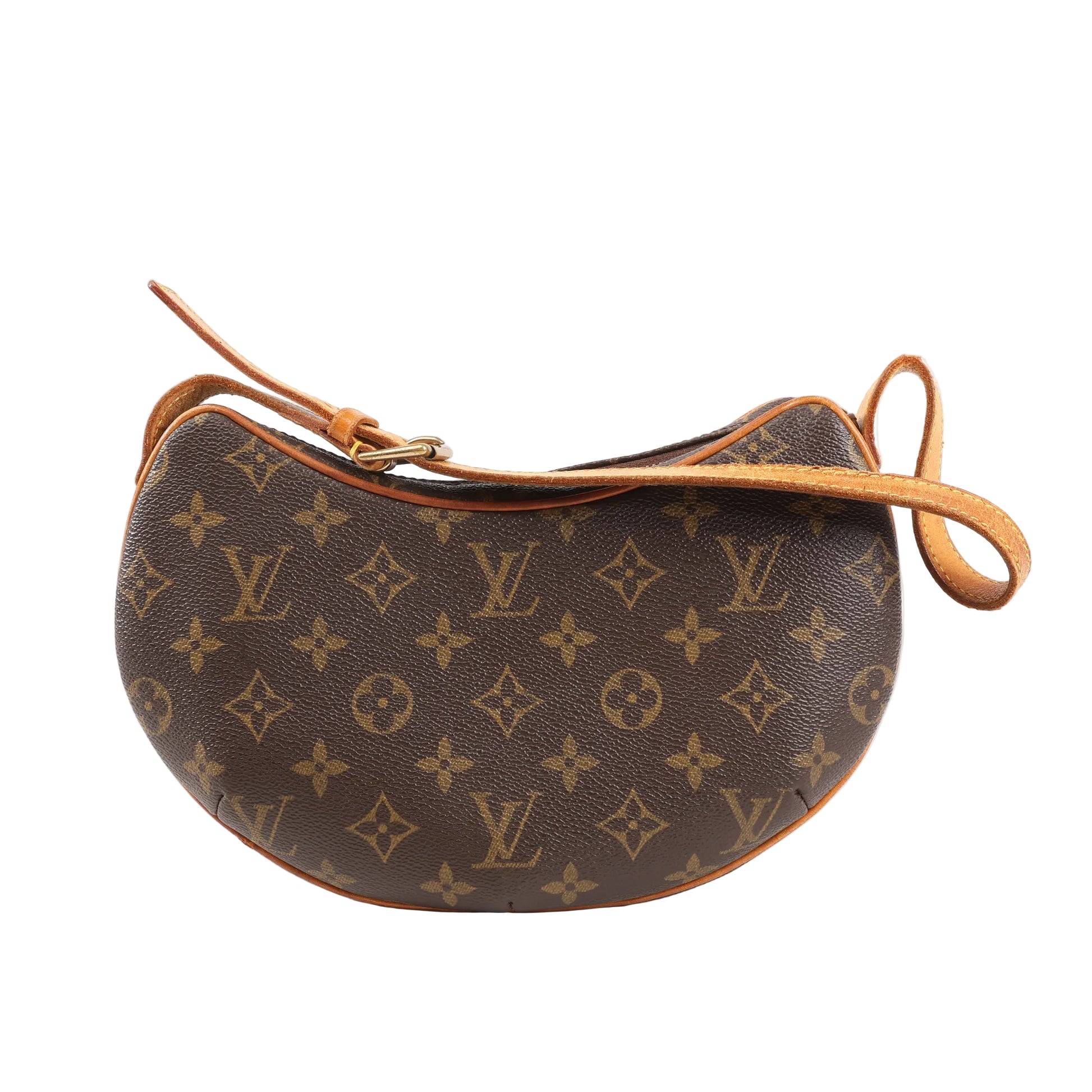 Front view of Louis Vuitton Pochette Croissant shoulder bag in brown Monogram canvas, featuring a curved crescent shape, all-over LV monogram print, natural leather piping and adjustable shoulder strap.