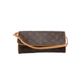 Brown Louis Vuitton Pochette Twin GM Monogram canvas crossbody bag with natural leather trim, slim shoulder strap and elongated flap front.