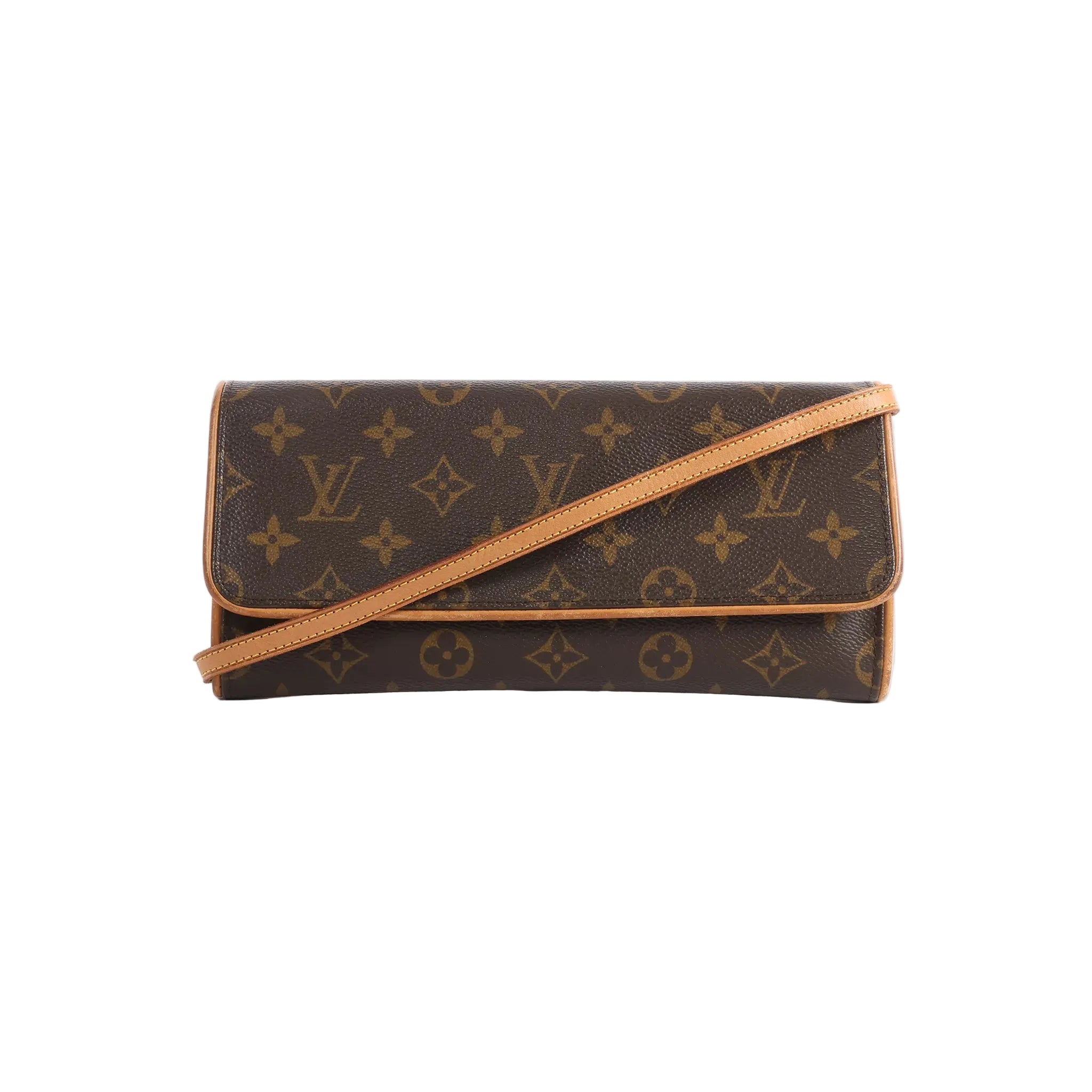 Louis Vuitton Pochette Twin GM brown Monogram canvas shoulder bag with tan leather trim and shoulder strap, front view on white background.