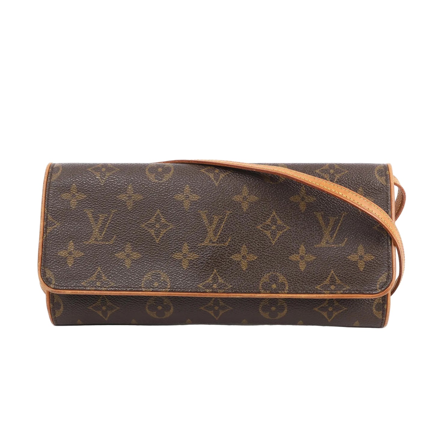 Louis Vuitton Pochette Twin GM Shoulder Bag M51852 in Monogram canvas, featuring a slim rectangular shape, flap closure, natural leather trim, and a long shoulder strap, displayed flat against a white background.
