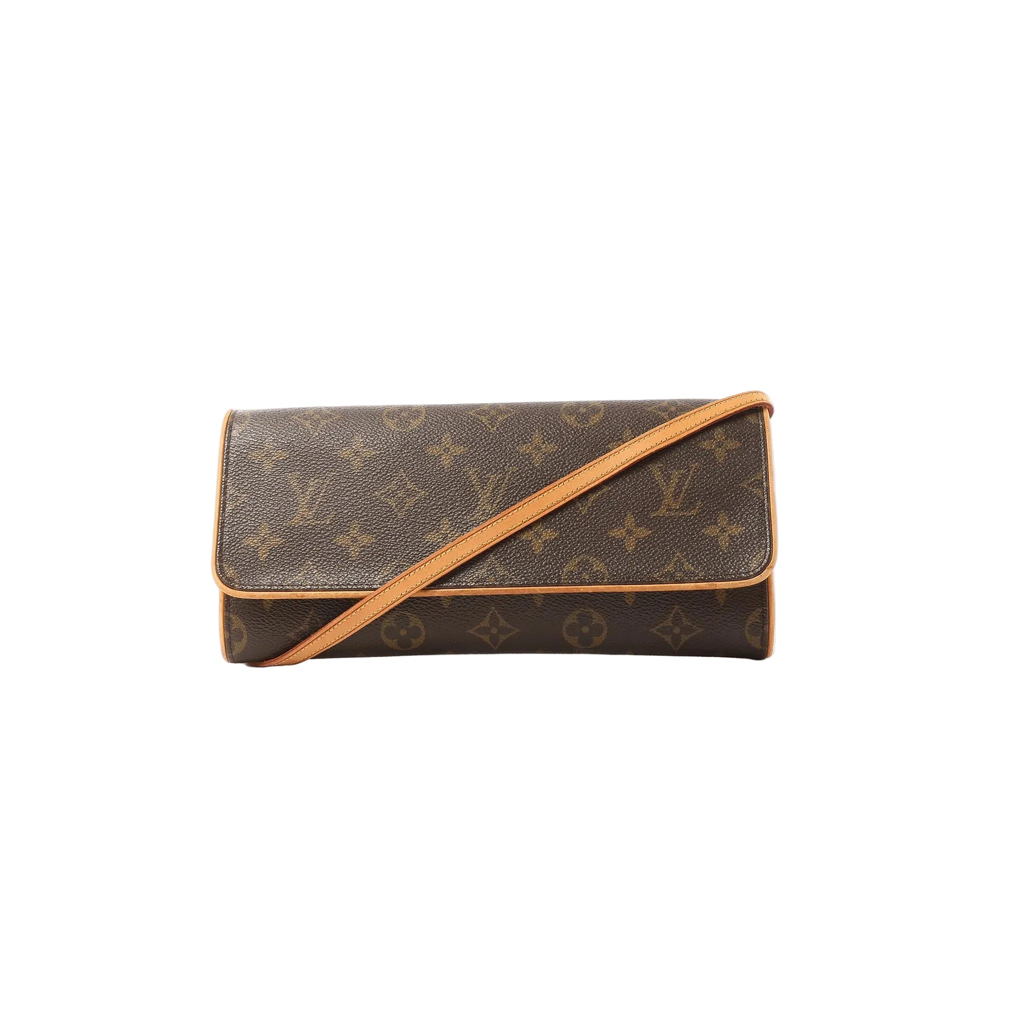 Louis Vuitton Pochette Twin GM crossbody bag in brown Monogram canvas with vachetta leather trim, flap front, and tan leather shoulder strap on white background.