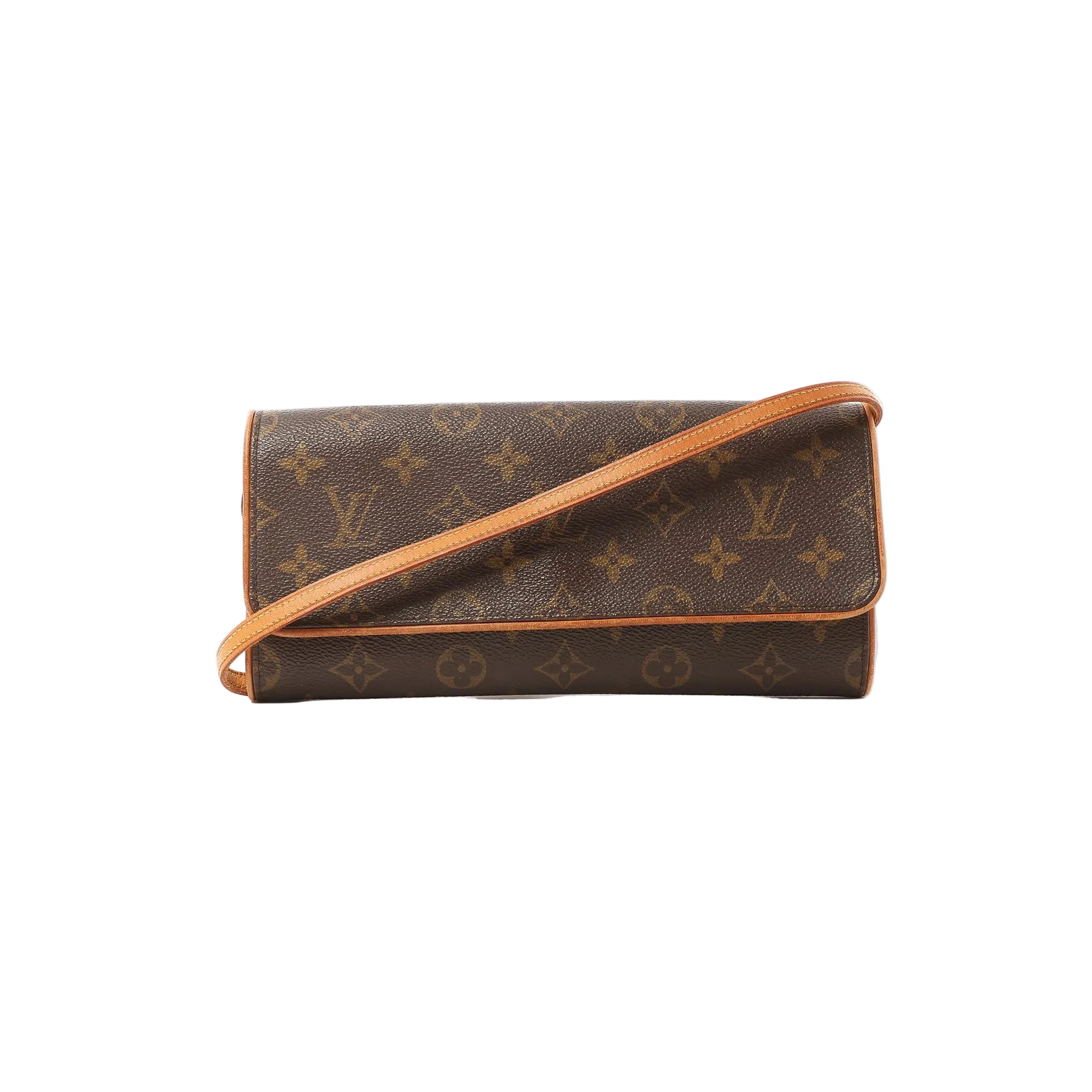 Louis Vuitton Pochette Twin GM Monogram canvas crossbody bag with vachetta leather trim, flap front, and tan leather shoulder strap on a white background.