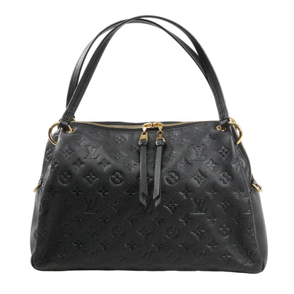 Front-facing image of the Louis Vuitton Ponthieu shoulder bag M43719 in black Monogram Empreinte leather, featuring dual top handles, gold-tone zipper closure, and embossed LV monogram pattern.