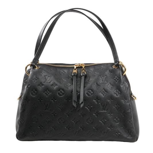 Front-facing image of the Louis Vuitton Ponthieu shoulder bag M43719 in black Monogram Empreinte leather, featuring dual top handles, gold-tone zipper closure, and embossed LV monogram pattern.