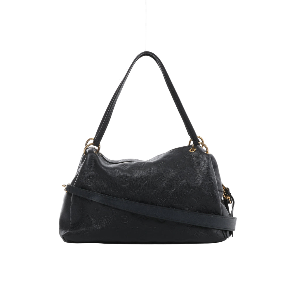 Front view of Louis Vuitton Ponthieu in black embossed Monogram leather with twin handles, gold-tone rings and a long leather strap across the front.