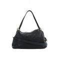 Front view of Louis Vuitton Ponthieu in black embossed Monogram leather with twin handles, gold-tone rings and a long leather strap across the front.