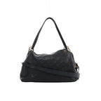 Front view of Louis Vuitton Ponthieu in black embossed Monogram leather with twin handles, gold-tone rings and a long leather strap across the front.