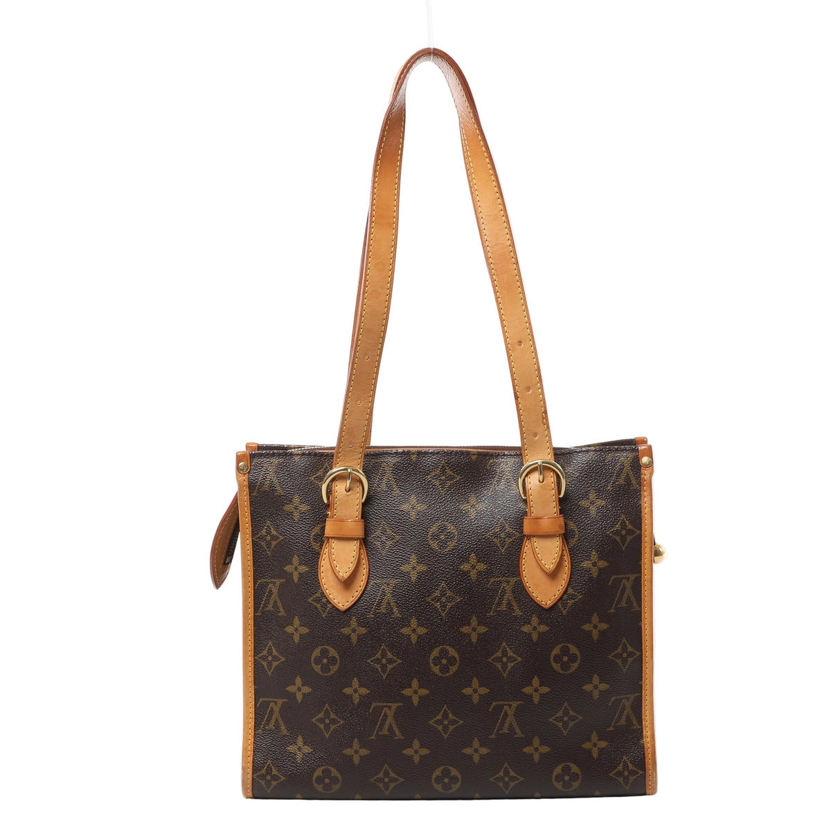 Louis Vuitton Popincourt Haut shoulder bag in brown Monogram canvas with tan leather trim and two long adjustable straps with gold-tone buckles.