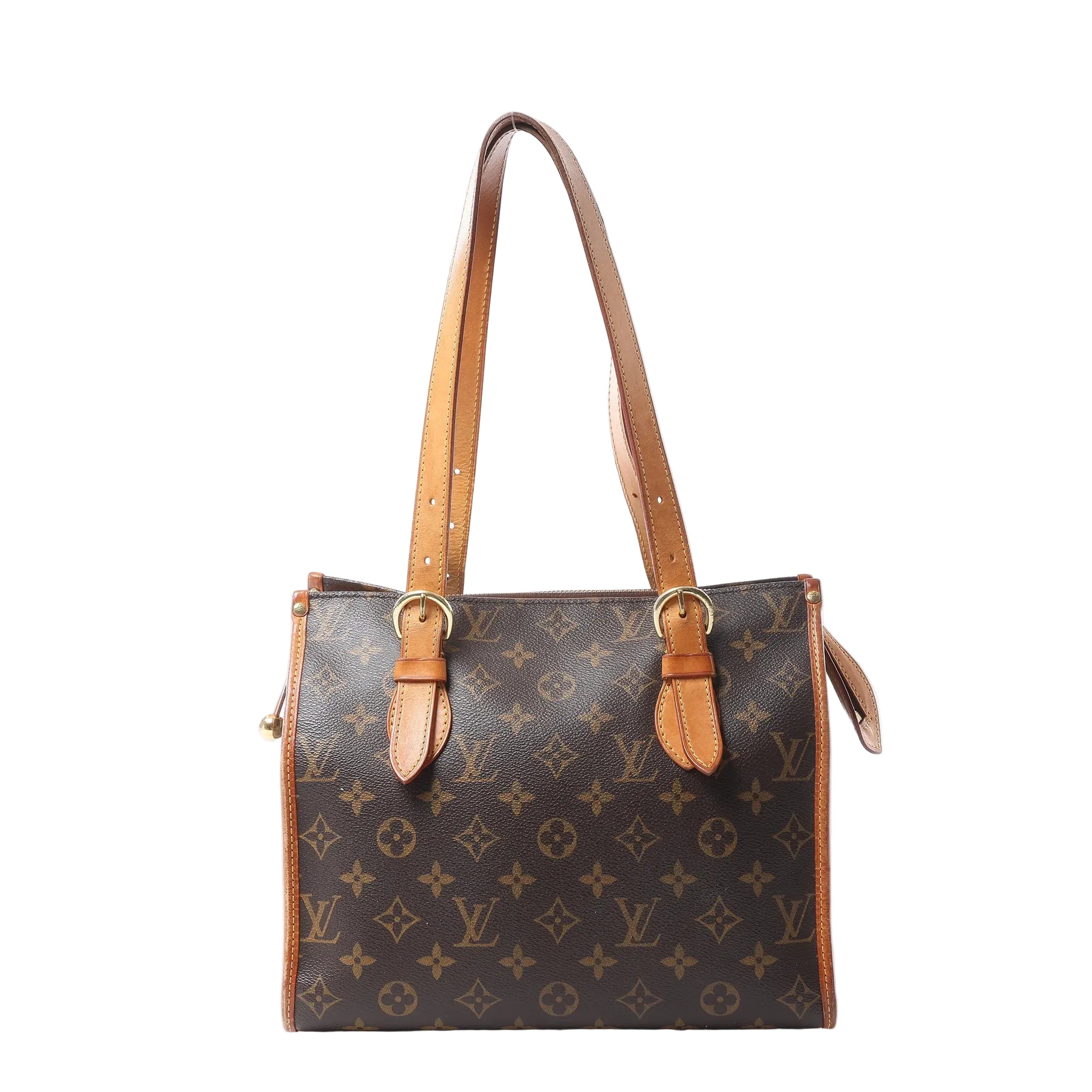 Louis Vuitton Popincourt Haut shoulder bag in brown Monogram canvas with long tan leather straps, gold-tone hardware and top zip closure.