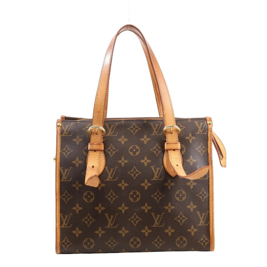 Louis Vuitton Monogram Popincourt Shoulder Bag M40007 in brown coated canvas with natural leather top handles, gold-tone buckle hardware, and structured square silhouette, displayed upright on a white background.