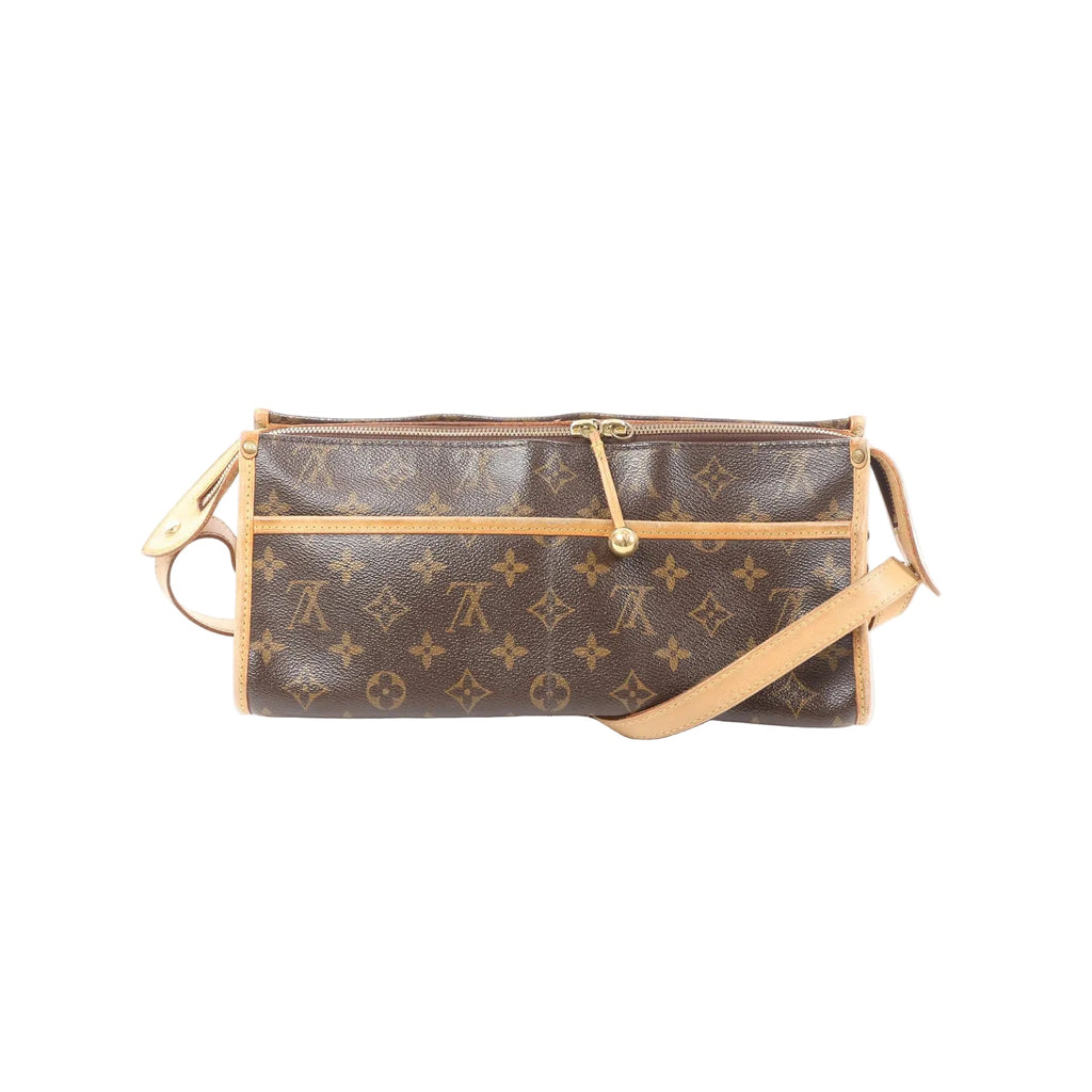 Louis Vuitton Popincourt Long Monogram canvas crossbody bag with vachetta leather trim, zip-top closure, and adjustable shoulder strap.