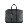 Louis Vuitton Porte Documents Voyages Damier Graphite dark gray checkered briefcase with black leather trim, dual top handles, hanging tag, and zip-top closure on white background