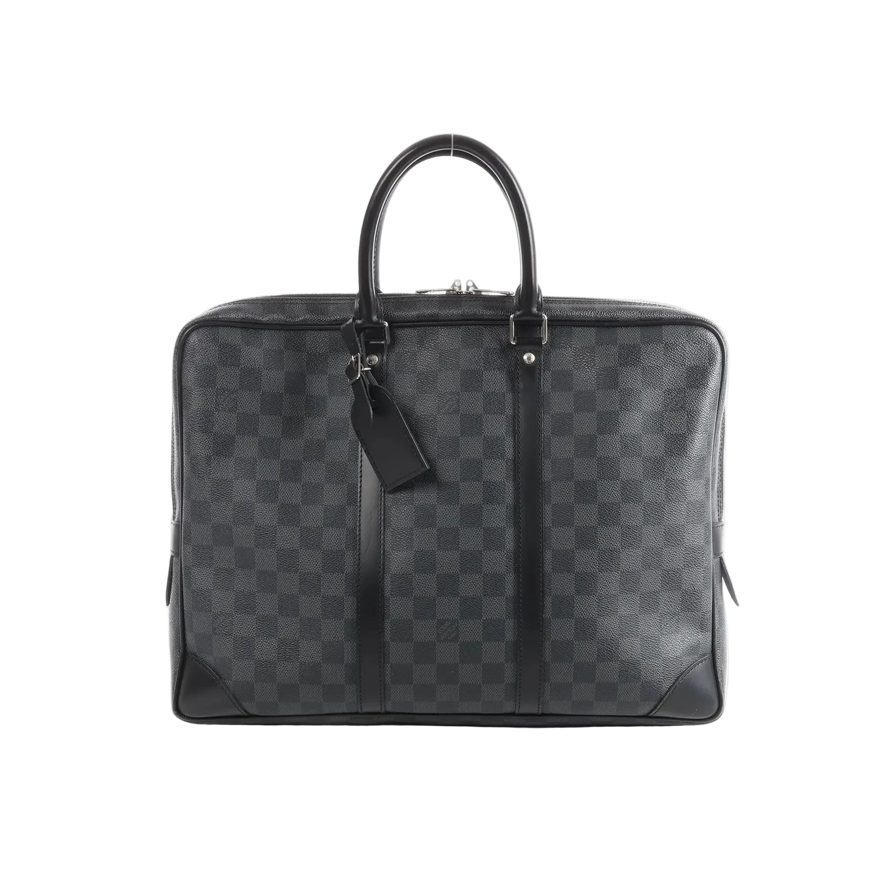 Louis Vuitton Porte Documents Voyages Damier Graphite dark gray checkered briefcase with black leather trim, dual top handles, hanging tag, and zip-top closure on white background