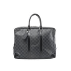 Louis Vuitton Porte-Documents Voyages briefcase in Damier Graphite black check canvas with zip top, black leather trim, top handles, and hanging luggage tag.