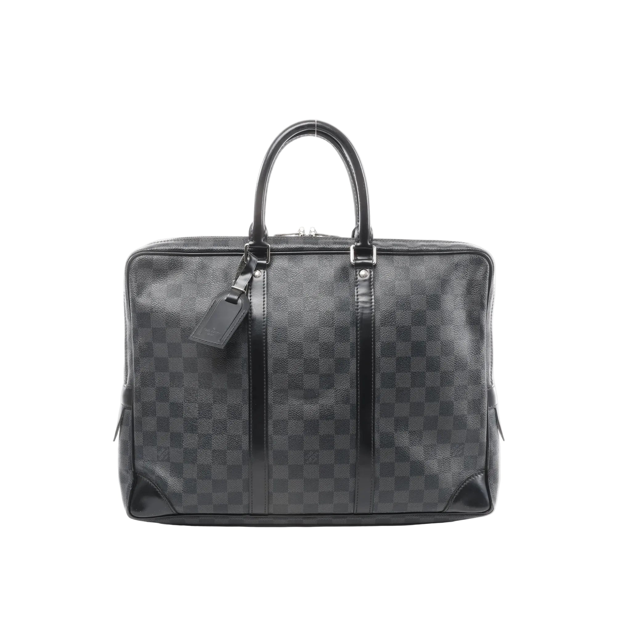 Louis Vuitton Porte-Documents Voyages briefcase in Damier Graphite black check canvas with zip top, black leather trim, top handles, and hanging luggage tag.