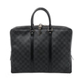 Black Louis Vuitton Porte Document Voyages bag in Damier Graphite checkered canvas with leather trim, double top handles, zip closure, lock and silver-tone hardware.