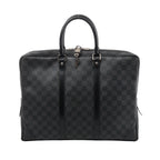 Black Louis Vuitton Porte Document Voyages bag in Damier Graphite checkered canvas with leather trim, double top handles, zip closure, lock and silver-tone hardware.