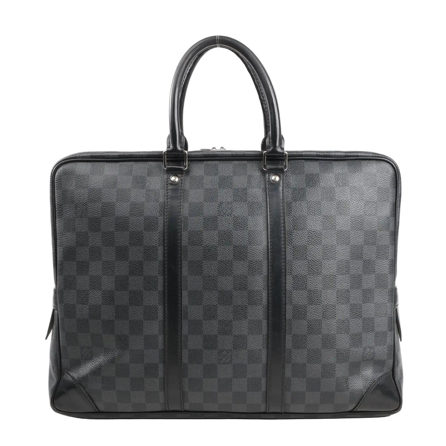 Louis Vuitton Porte-Documents Voyage handbag in dark gray Damier Graphite canvas, featuring black leather top handles, trim, and structured rectangular shape with silver-tone hardware.