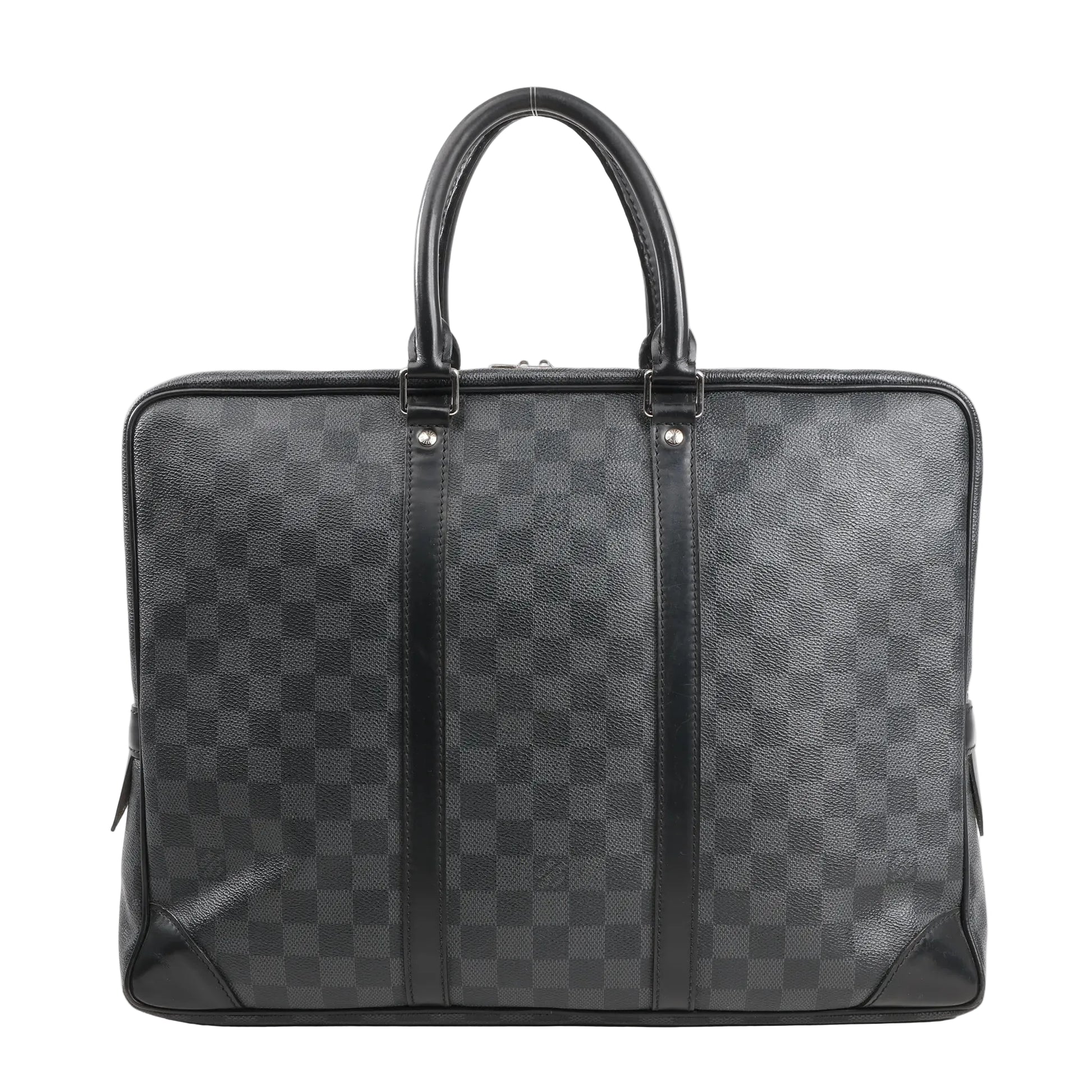 Louis Vuitton Porte-Documents Voyage handbag in dark gray Damier Graphite canvas, featuring black leather top handles, trim, and structured rectangular shape with silver-tone hardware.