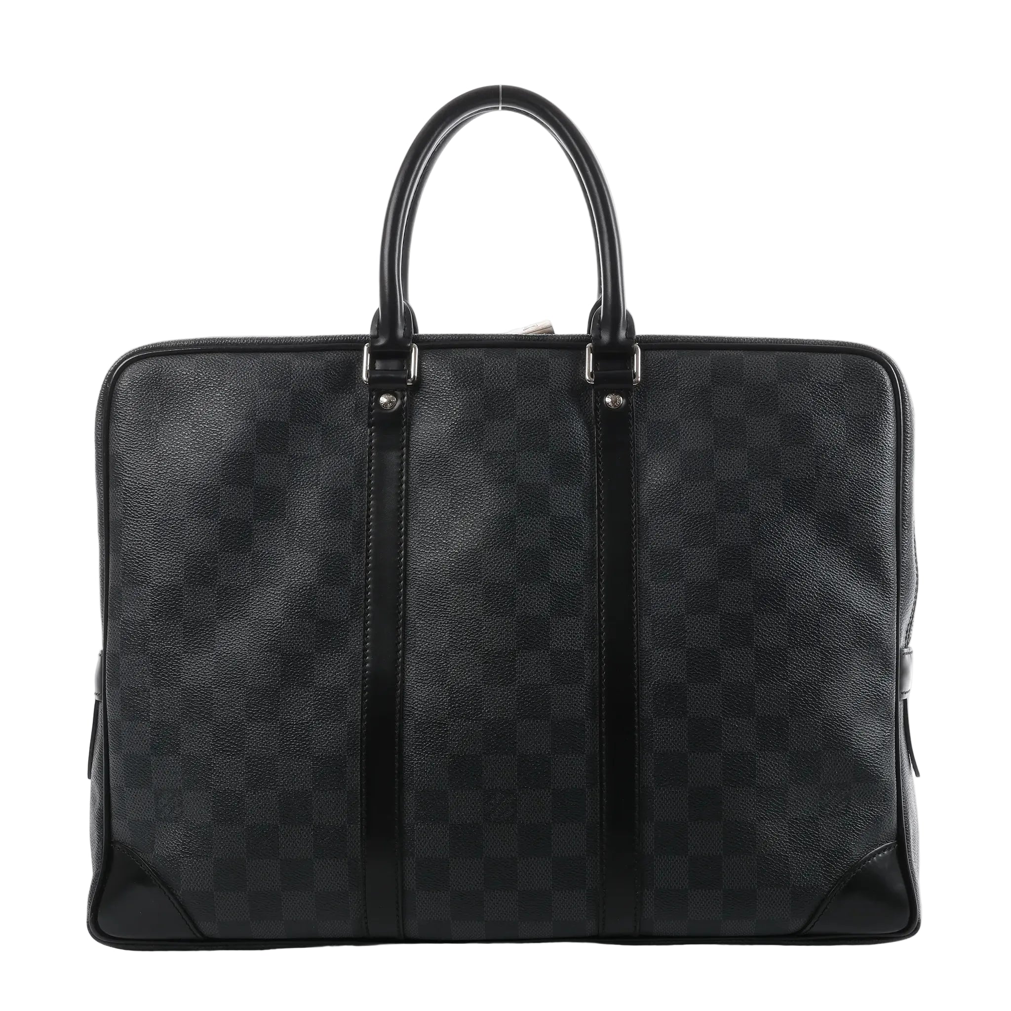 Louis Vuitton Porte Documents Voyage briefcase in dark gray Damier Graphite with black leather trim, two top handles, and zip-top closure on a white background.