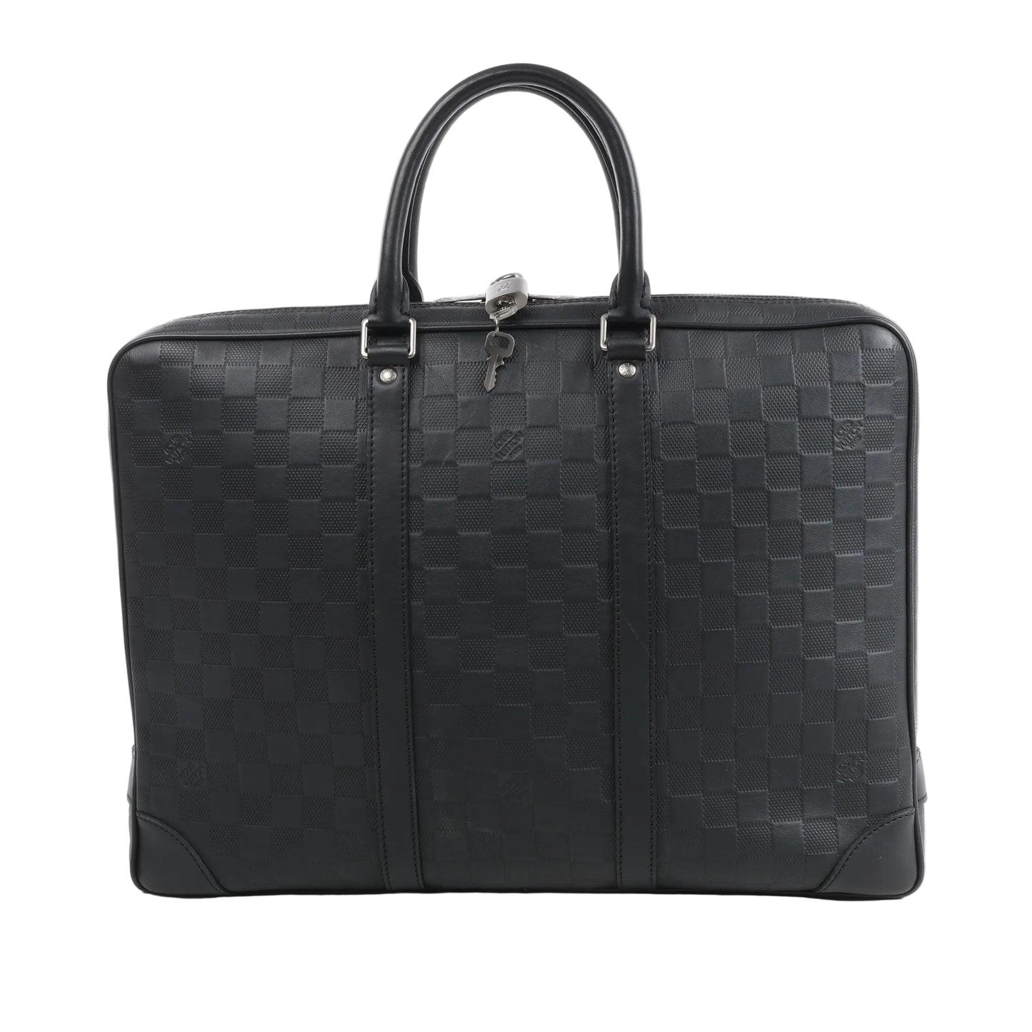 Louis Vuitton Damier Infini Porte-Documents Voyage Handbag N41146 featuring black embossed Damier Infini leather, silver-tone hardware, dual rolled handles, a top zipper with lock and keys, and a structured design ideal for documents and travel essentials.