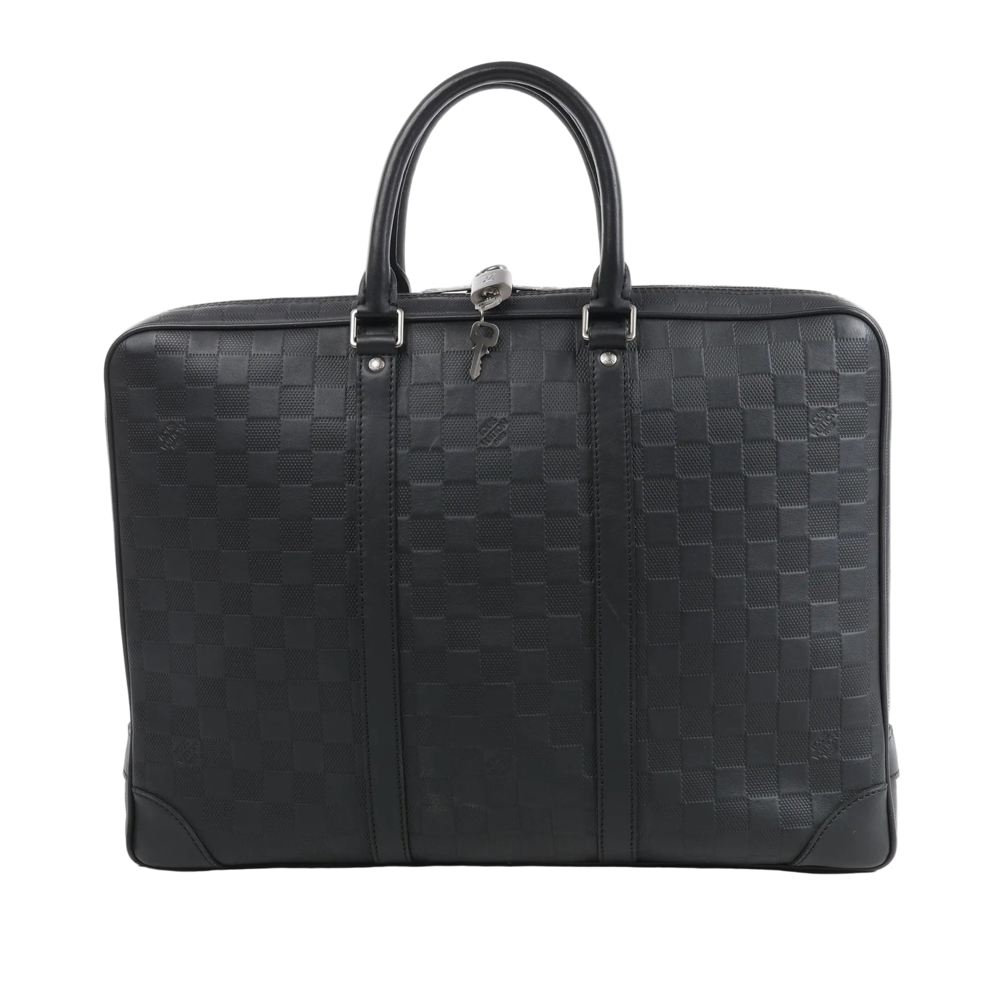 Louis Vuitton Damier Infini Porte-Documents Voyage Handbag N41146 featuring black embossed Damier Infini leather, silver-tone hardware, dual rolled handles, a top zipper with lock and keys, and a structured design ideal for documents and travel essentials.
