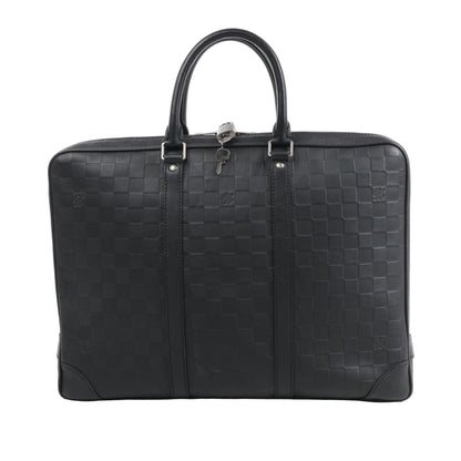 Louis Vuitton Damier Infini Porte-Documents Voyage Handbag N41146 featuring black embossed Damier Infini leather, silver-tone hardware, dual rolled handles, a top zipper with lock and keys, and a structured design ideal for documents and travel essentials.